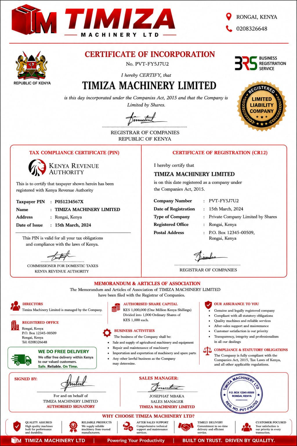 Timiza Agro Machinery Certificate